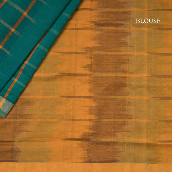 Poly Cotton Peacock Green Checked Saree With Zari Border