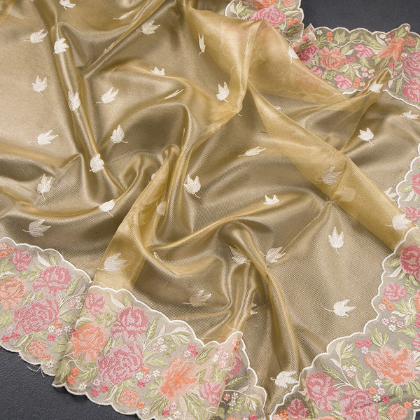 Kota Tissue Gold Thread Embroidered Saree With Floral Border