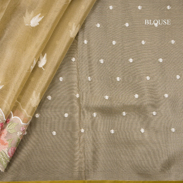 Kota Tissue Gold Thread Embroidered Saree With Floral Border - Kumaran Silks