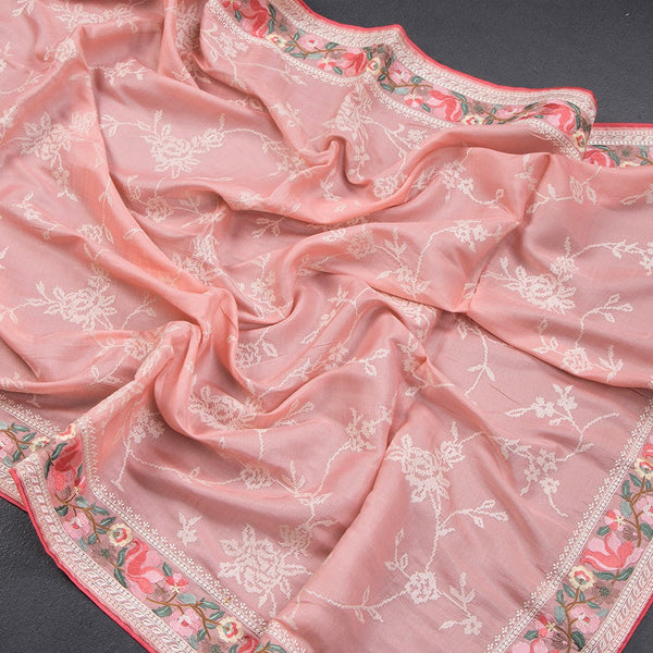 Semi Raw Silk Rose Pink Thread Embroidered Saree