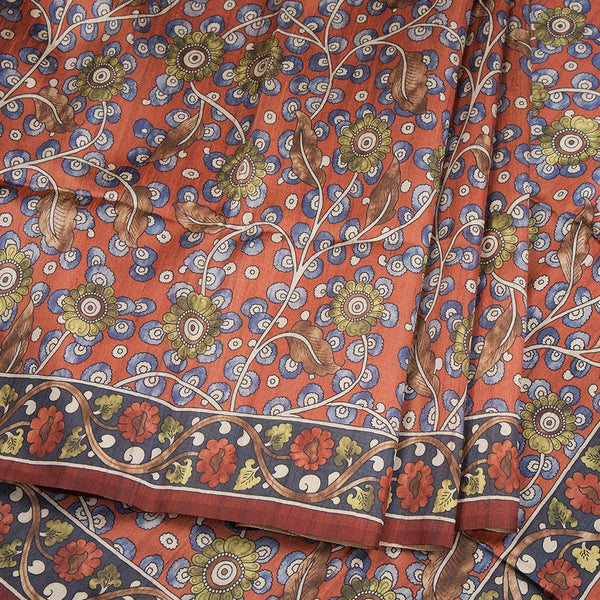 Semi Raw Silk Rust Orange Kalamkari Printed Saree