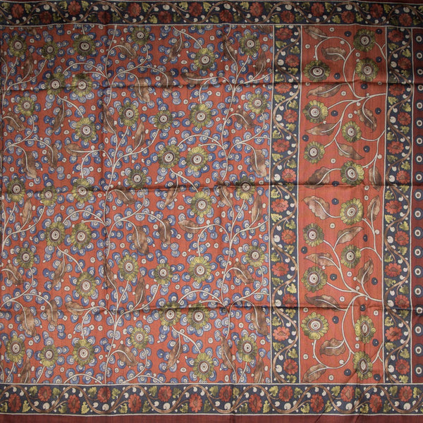 Semi Raw Silk Rust Orange Kalamkari Printed Saree