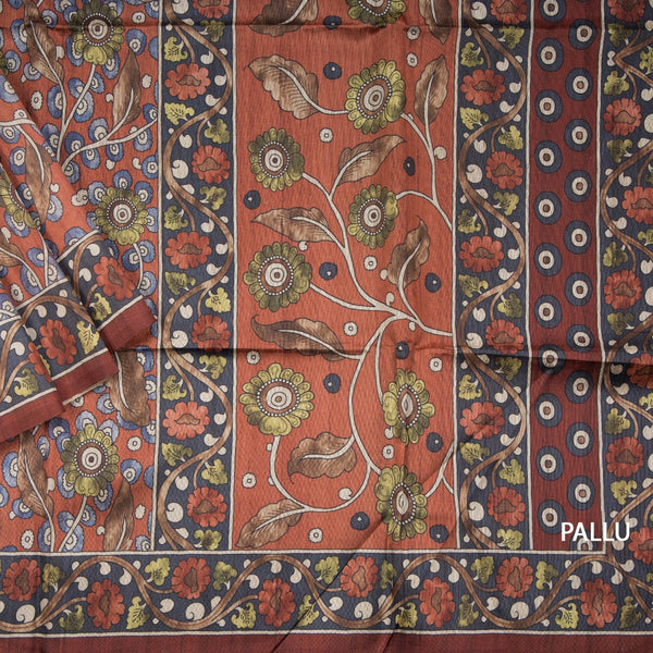 Semi Raw Silk Rust Orange Kalamkari Printed Saree