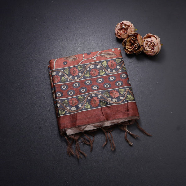 Semi Raw Silk Rust Orange Kalamkari Printed Saree