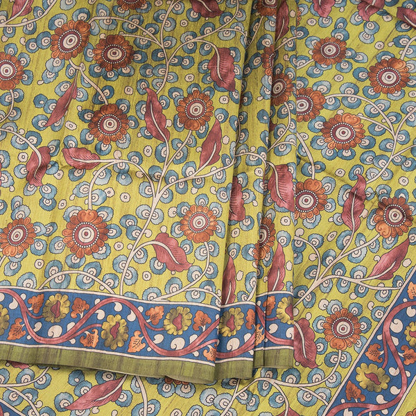 Semi Raw Silk Parrot Green Kalamkari Printed Saree