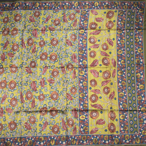 Semi Raw Silk Parrot Green Kalamkari Printed Saree