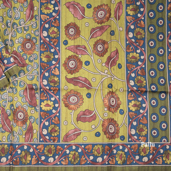 Semi Raw Silk Parrot Green Kalamkari Printed Saree