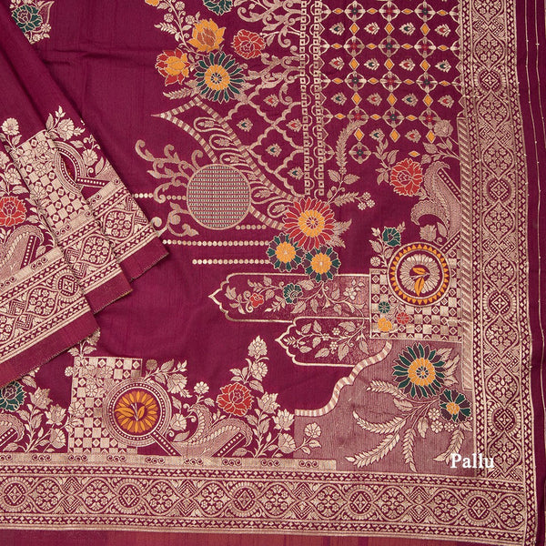 Semi Tussar Wine Colour Zari Worked Saree