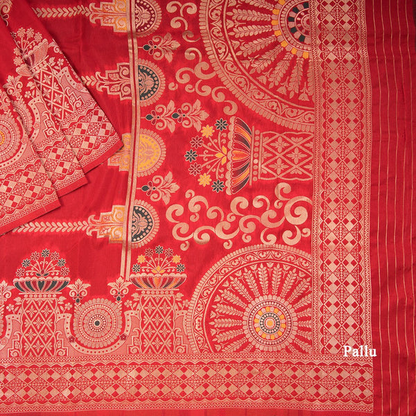 Semi Tussar Red Zari Worked Saree