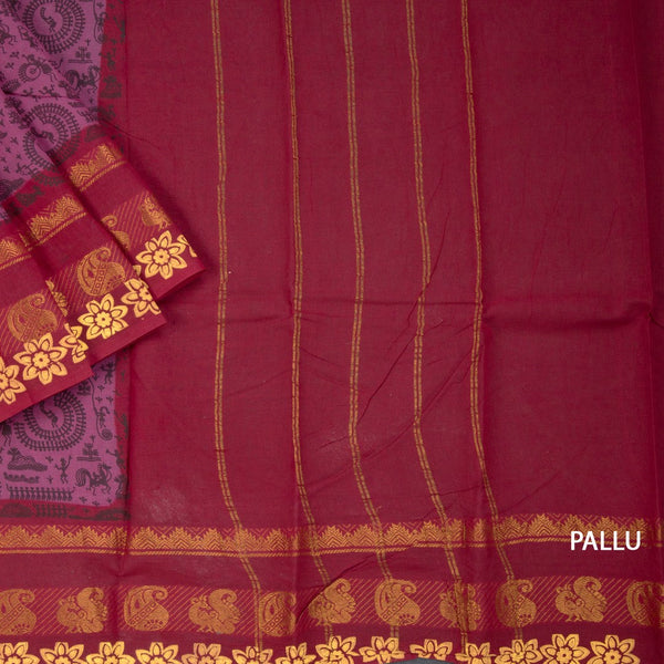 Sungudi Cotton Plum purple Printed Saree Without Blouse