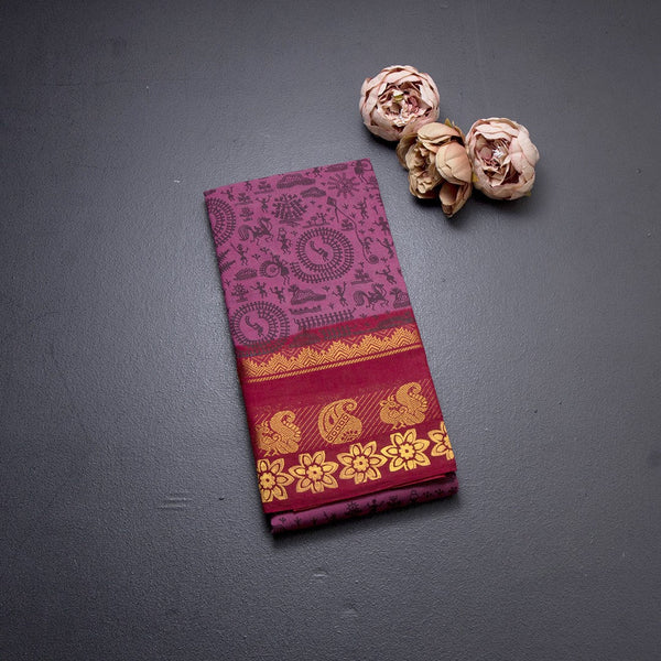 Sungudi Cotton Plum purple Printed Saree Without Blouse