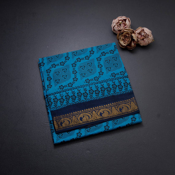 Sungudi Cotton Blue Printed Saree Without Blouse 06