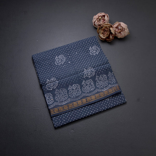 Sungudi Cotton Dark Blue Printed Saree Without Blouse