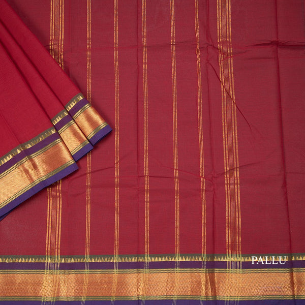Chettinad Cotton Maroon Plain Saree With Temple Border Without Blouse