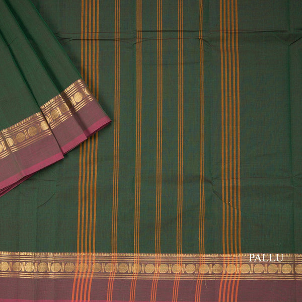 Chettinad Cotton Bottle Green Plain Saree With Zari Border Without Blouse 02