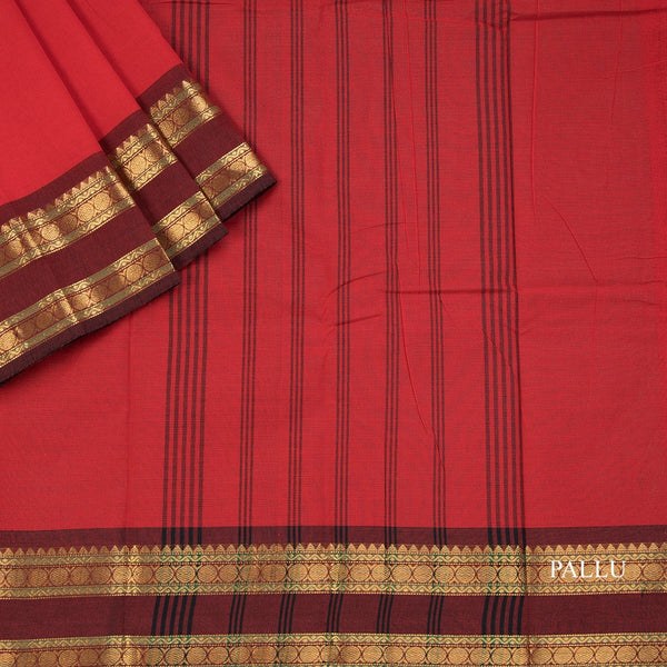 Chettinad Cotton Red Plain Saree With Rettapet Border Without Blouse