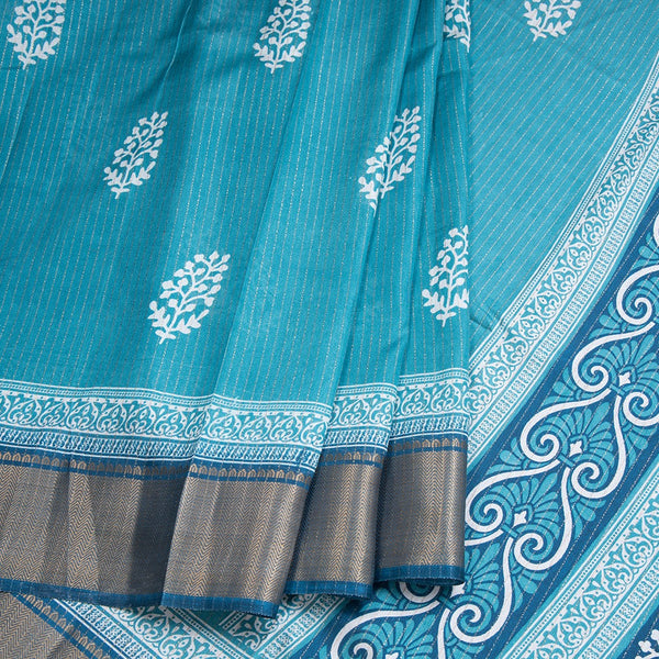 Semi Raw Silk Light Peacock Blue Printed With Zari Stripes Saree