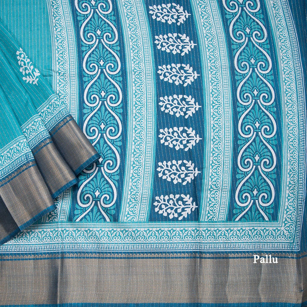 Semi Raw Silk Light Peacock Blue Printed With Zari Stripes Saree
