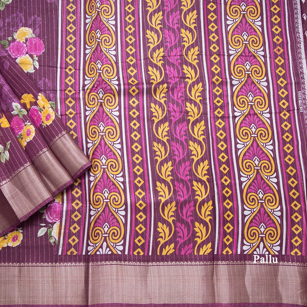 Semi Raw Silk Purple Printed With Zari Stripes Saree