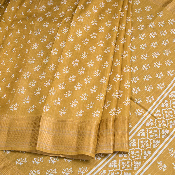 Semi Raw Silk Gold Printed With Zari Stripes Saree