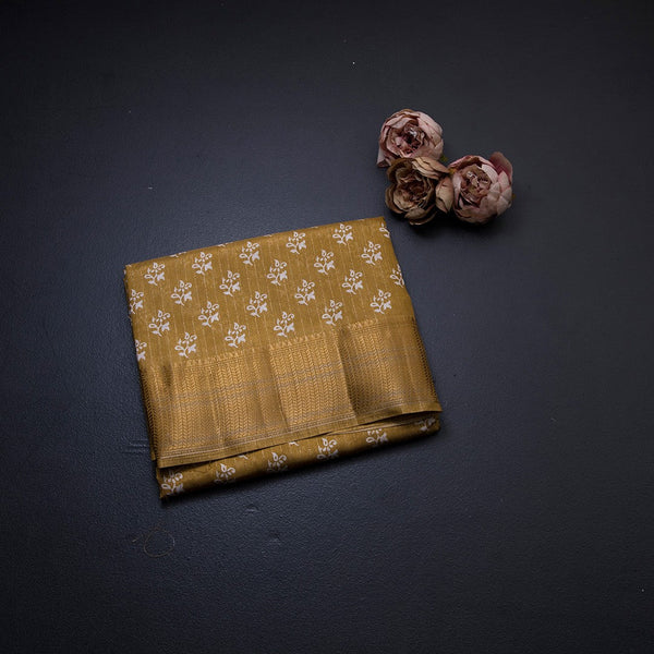 Semi Raw Silk Gold Printed With Zari Stripes Saree