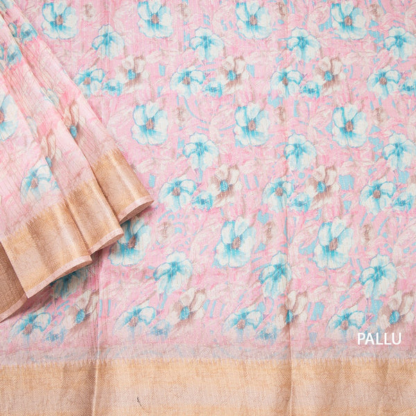 Semi Raw Silk Baby Pink Printed With Zari Stripes Saree