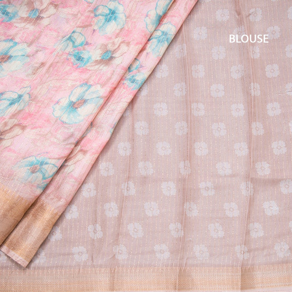 Semi Raw Silk Baby Pink Printed With Zari Stripes Saree