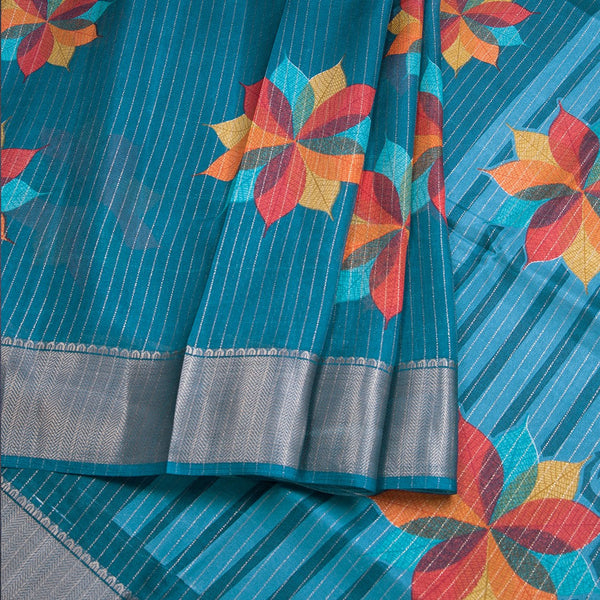 Semi Raw Silk Peacock Blue Printed With Zari Stripes Saree
