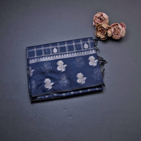 Semi Raw Silk Navy Blue Zari Worked Saree