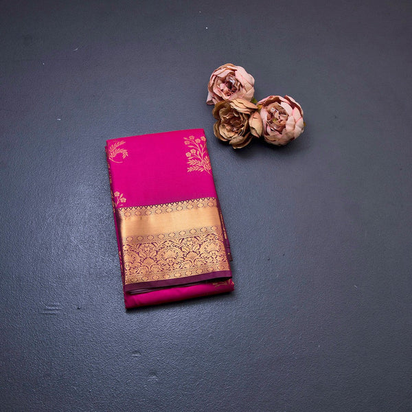 Semi Silk Hot Pink Floral Zari Worked Saree