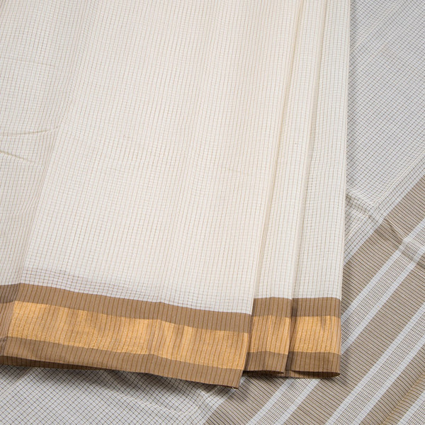 Poly Cotton Cream Checked Printed Saree