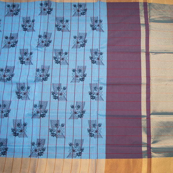 Poly Cotton Light Blue Printed Saree