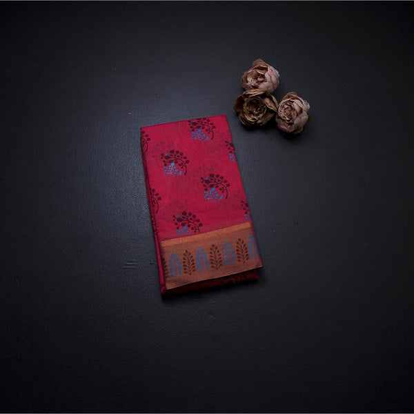 Poly Cotton Reddish Pink Printed Saree