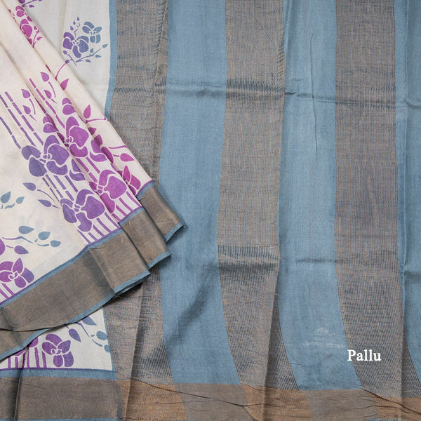 Pure Tussar Cream Floral Printed Saree 02