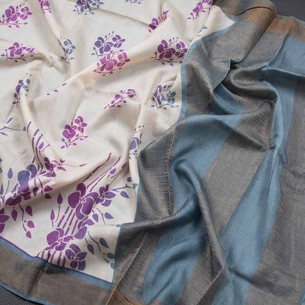Pure Tussar Cream Floral Printed Saree 02