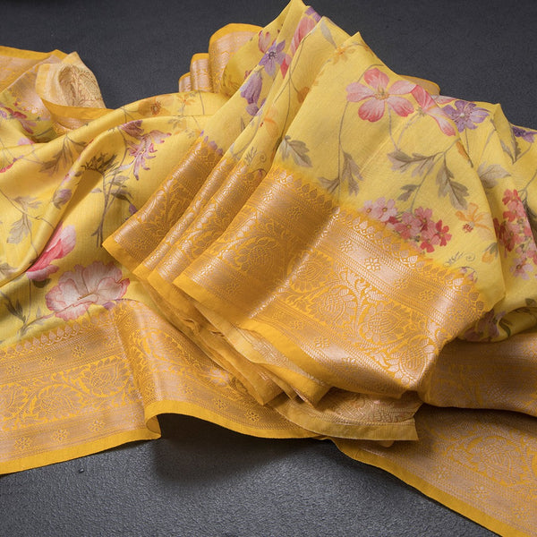 Pure Tussar Yellow Floral Printed Saree
