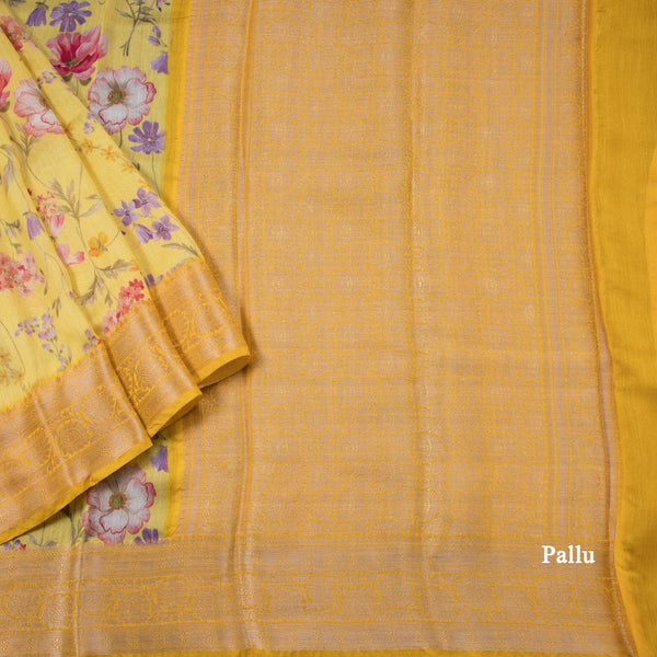 Pure Tussar Yellow Floral Printed Saree