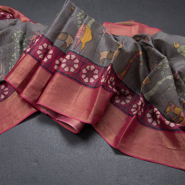 Pure Tussar Grey Printed Saree With Forest Design