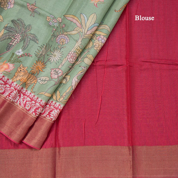 Pure Tussar Light Green Printed Saree With Forest Design