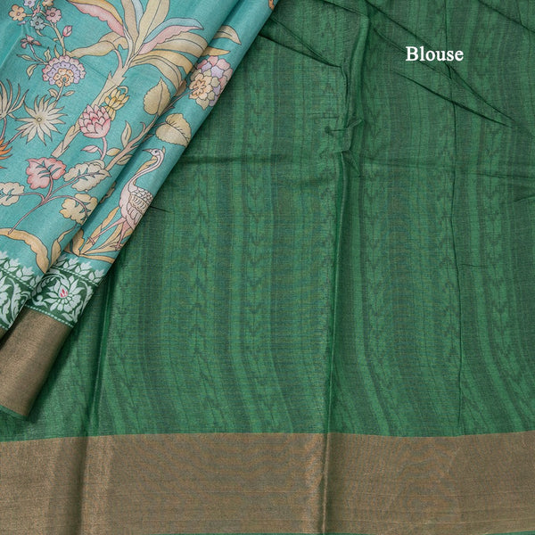 Pure Tussar Turquoise Printed Saree With Forest Design