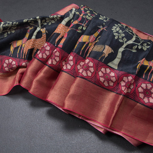 Pure Tussar Black Printed Saree With Forest Design