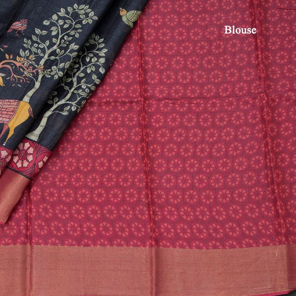 Pure Tussar Black Printed Saree With Forest Design