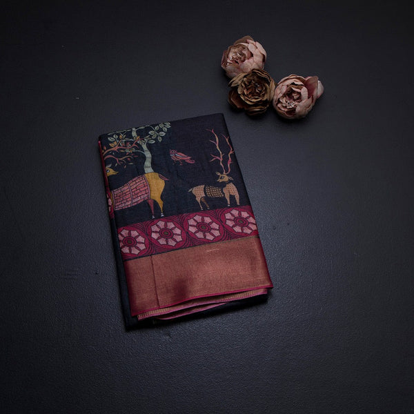 Pure Tussar Black Printed Saree With Forest Design
