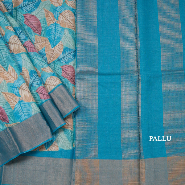 Pure Tussar Blue Leaf Printed Saree 02