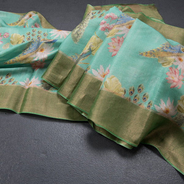 Pure Tussar Mint Green Printed Saree Peacock With Floral Design