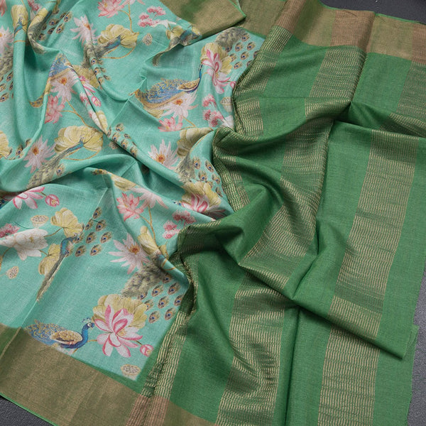 Pure Tussar Mint Green Printed Saree Peacock With Floral Design