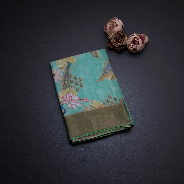 Pure Tussar Mint Green Printed Saree Peacock With Floral Design