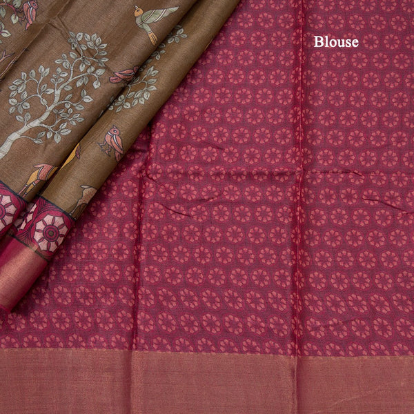 Pure Tussar Coffee Brown Printed Saree With Forest Design