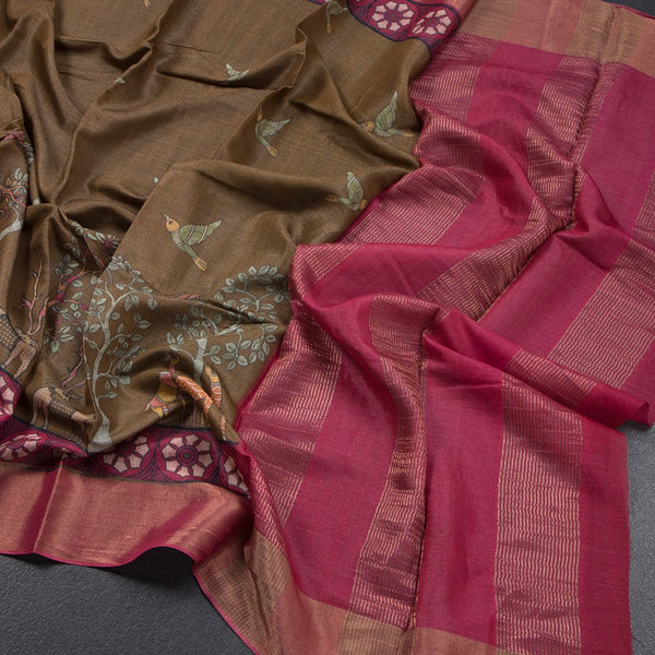 Pure Tussar Coffee Brown Printed Saree With Forest Design