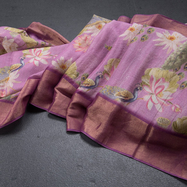 Pure Tussar Lavender Printed Saree Peacock With Floral Design